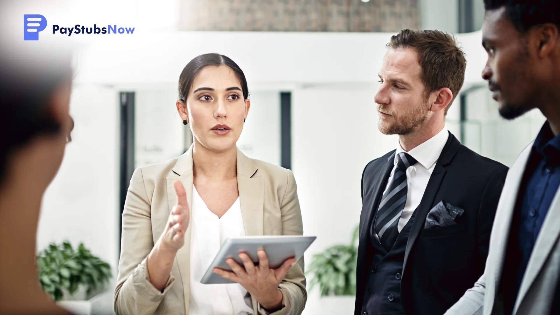 A woman holding a tablet speaks to colleagues in a professional office setting